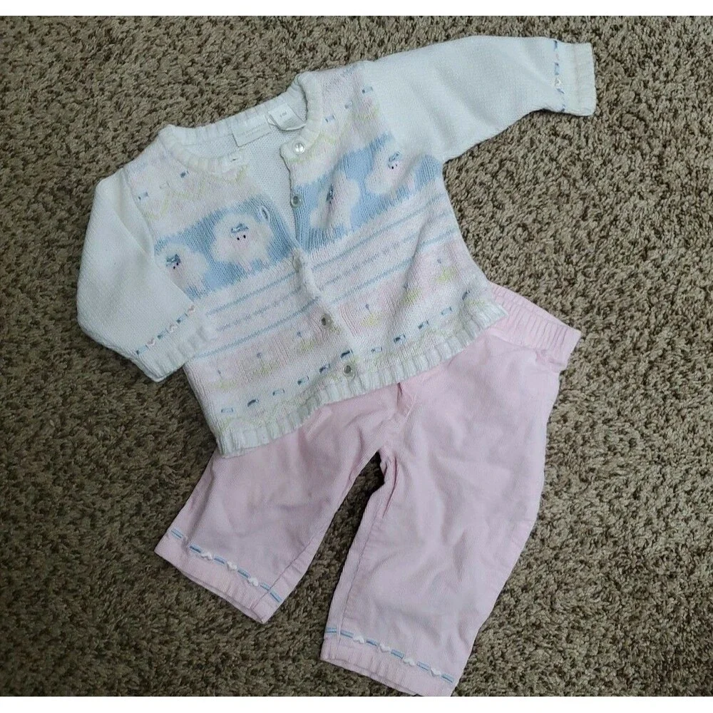 Girl's 6-9 monhts cardigan sweater thin corduroy pink pants set